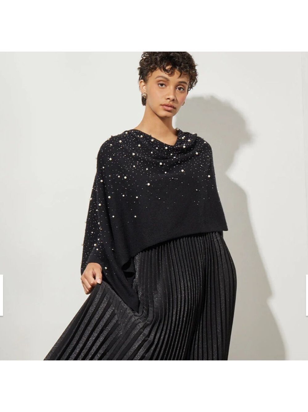 NWT $335 MING WANG
Pearl Beaded Poncho - Soft Cashmere, Black - 0S - Picture 10 of 10